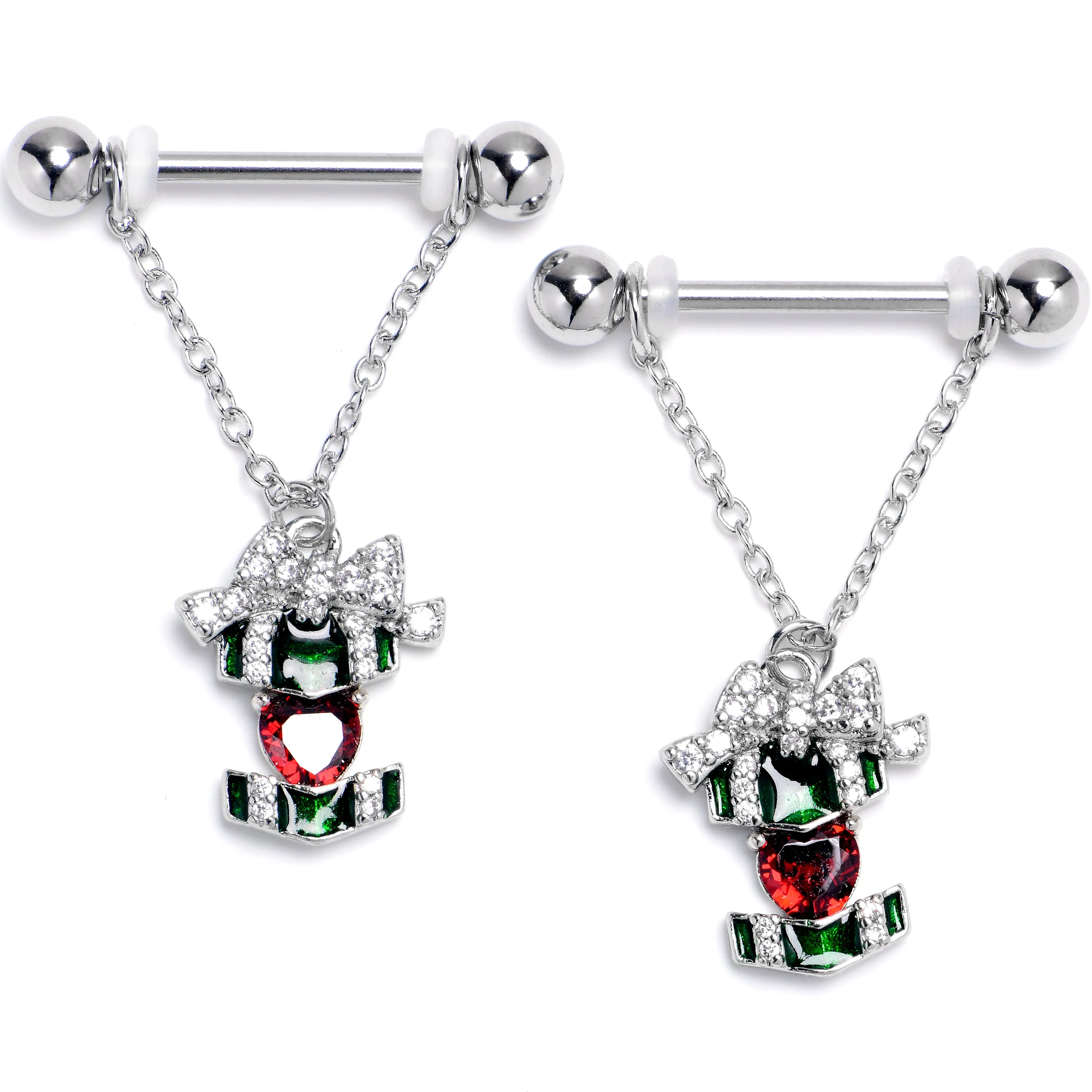 14 Gauge 9/16 Red Green Gem Holiday Abstract Heart Dangle Nipple Ring Set