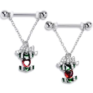 14 Gauge 9/16 Red Green Gem Holiday Abstract Heart Dangle Nipple Ring Set