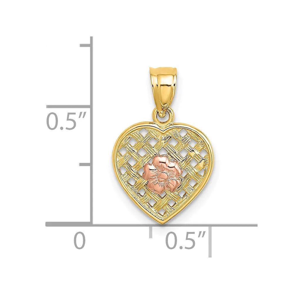 14k Two Tone Flower On Woven Heart Charm