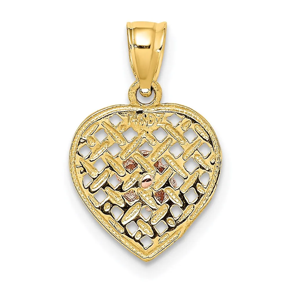 14k Two Tone Flower On Woven Heart Charm