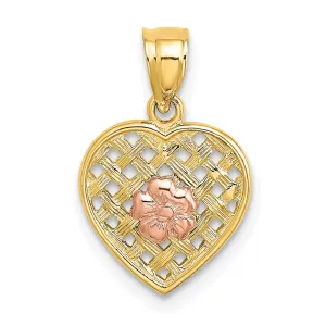 14k Two Tone Flower On Woven Heart Charm