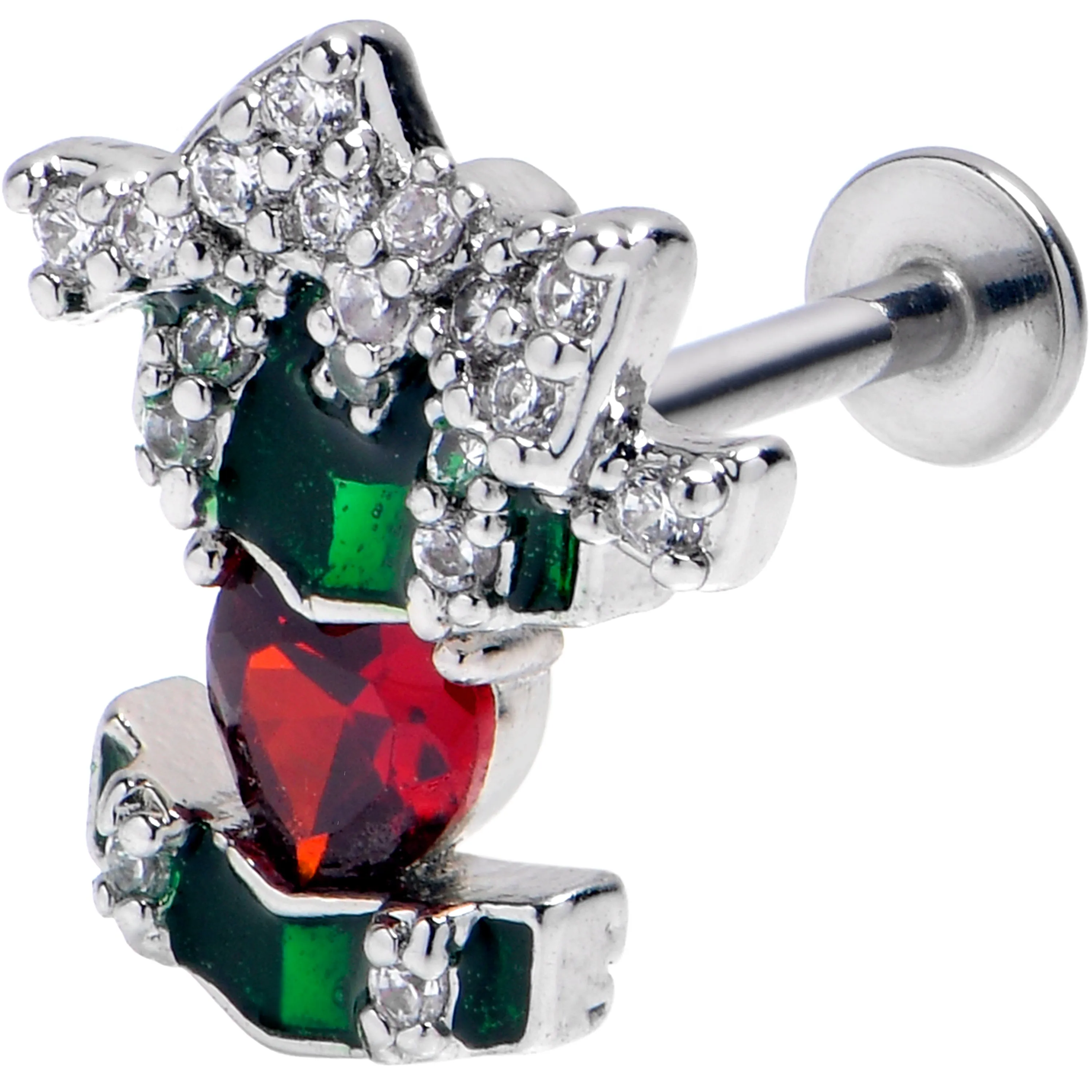 16 Gauge 5/16 Green Red Gem Holiday Abstract Heart Labret Monroe Tragus