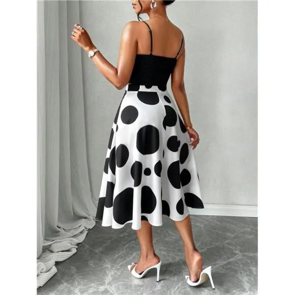 2024 Fall Women's Sexy  Big Bow Front Cami Top &amp; Polka Dot Print  Skirt Set