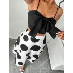 2024 Fall Women's Sexy  Big Bow Front Cami Top &amp; Polka Dot Print  Skirt Set