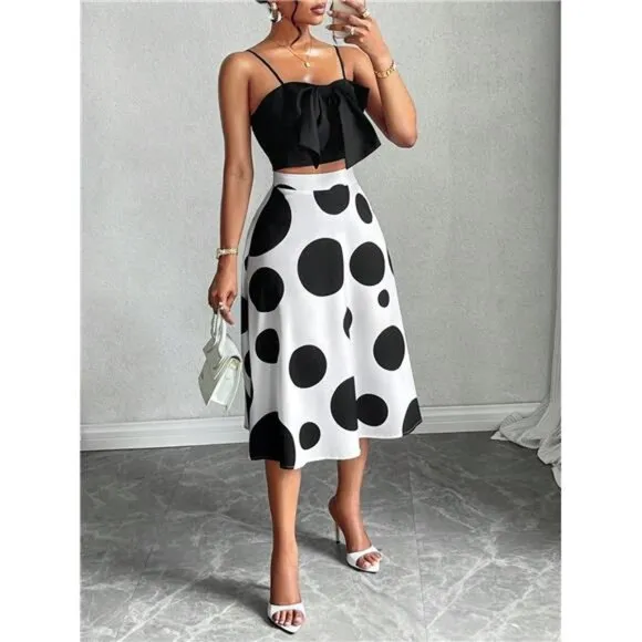 2024 Fall Women's Sexy  Big Bow Front Cami Top &amp; Polka Dot Print  Skirt Set