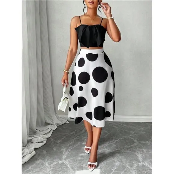2024 Fall Women's Sexy  Big Bow Front Cami Top &amp; Polka Dot Print  Skirt Set