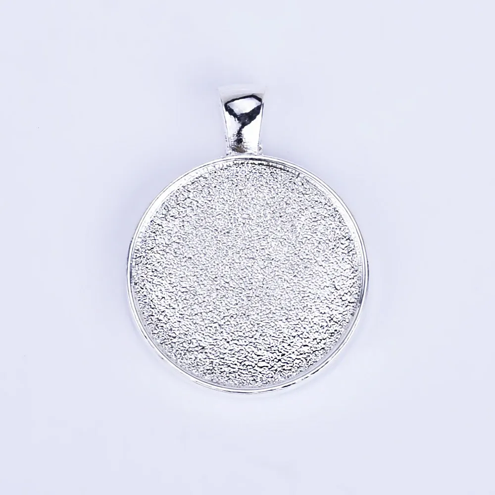 25mm Round Glass Setting Double Sided Pendant Blank Cameo Settings diy Necklace or Key Ring plated silver 10pcs