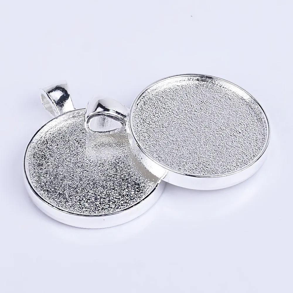 25mm Round Glass Setting Double Sided Pendant Blank Cameo Settings diy Necklace or Key Ring plated silver 10pcs