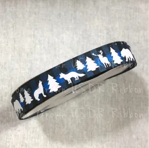 Animals on Blue Buffalo Plaid Double Sided Ribbon