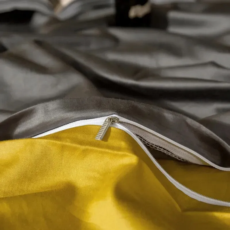 Anyhouz Bed Sheet Deep Grey Yellow Ultra Soft Luxury Egyptian Cotton Bedding Cover Double Size 4 Pcs Bed Set