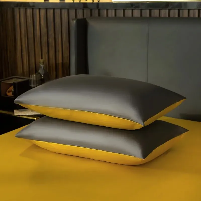 Anyhouz Bed Sheet Deep Grey Yellow Ultra Soft Luxury Egyptian Cotton Bedding Cover Double Size 4 Pcs Bed Set