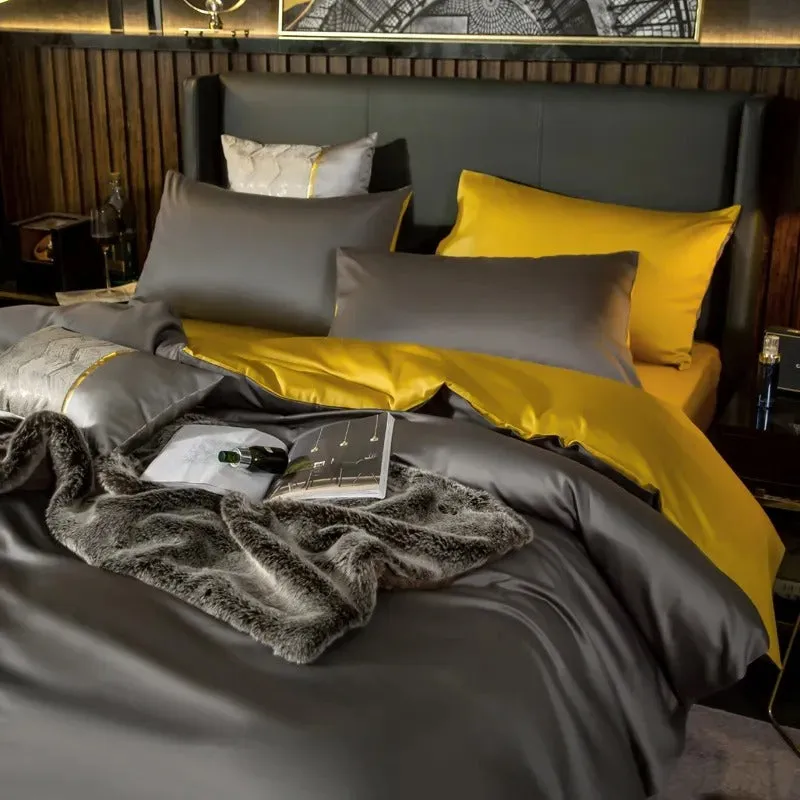 Anyhouz Bed Sheet Deep Grey Yellow Ultra Soft Luxury Egyptian Cotton Bedding Cover Double Size 4 Pcs Bed Set