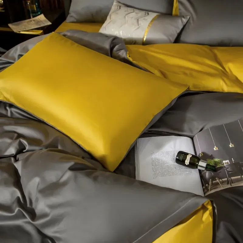 Anyhouz Bed Sheet Deep Grey Yellow Ultra Soft Luxury Egyptian Cotton Bedding Cover Double Size 4 Pcs Bed Set