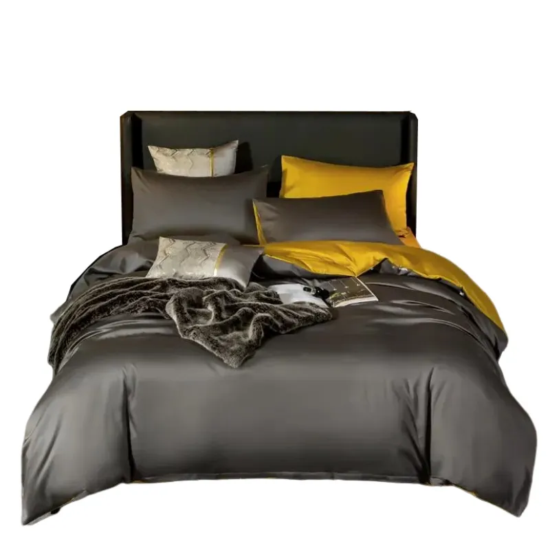 Anyhouz Bed Sheet Deep Grey Yellow Ultra Soft Luxury Egyptian Cotton Bedding Cover Double Size 6 Pcs Bed Set