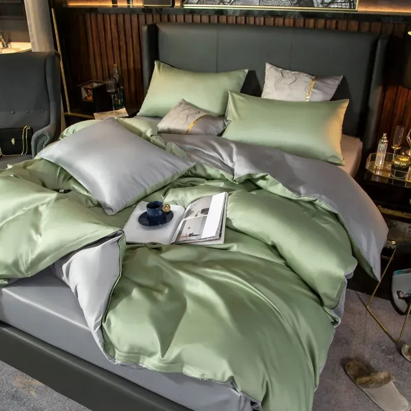 Anyhouz Bed Sheet Green Light Grey Ultra Soft Luxury Egyptian Cotton Bedding Cover Double Size 4 Pcs Bed Set