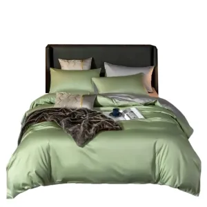 Anyhouz Bed Sheet Green Light Grey Ultra Soft Luxury Egyptian Cotton Bedding Cover Double Size 4 Pcs Bed Set