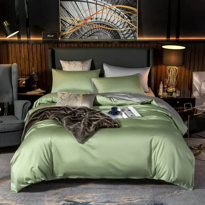 Anyhouz Bed Sheet Green Light Grey Ultra Soft Luxury Egyptian Cotton Bedding Cover Double Size 6 Pcs Bed Set