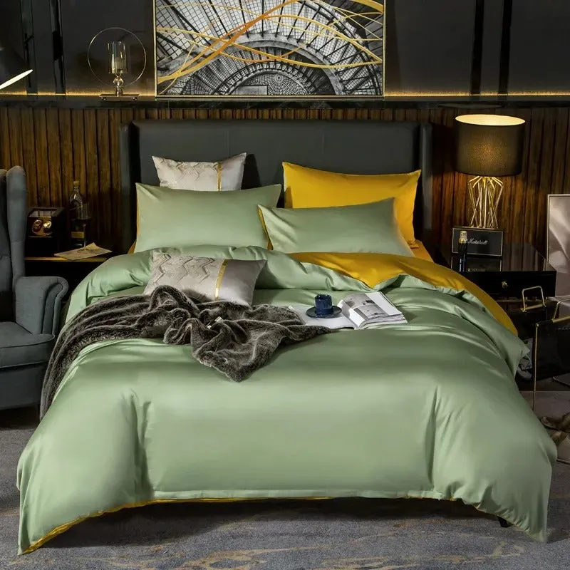 Anyhouz Bed Sheet Green Yellow Ultra Soft Luxury Egyptian Cotton Bedding Cover Double Size 4 Pcs Bed Set