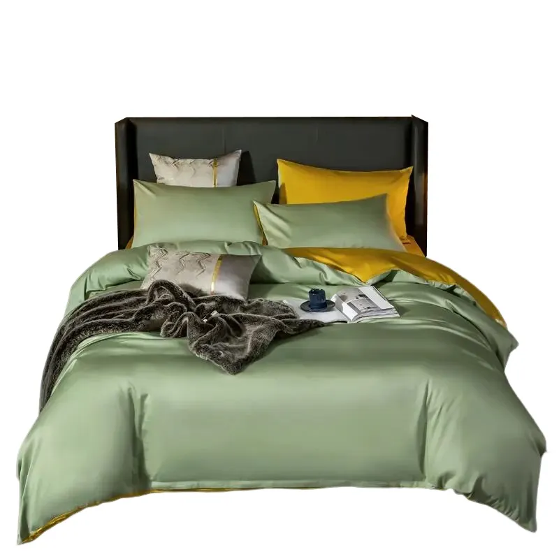 Anyhouz Bed Sheet Green Yellow Ultra Soft Luxury Egyptian Cotton Bedding Cover Double Size 4 Pcs Bed Set