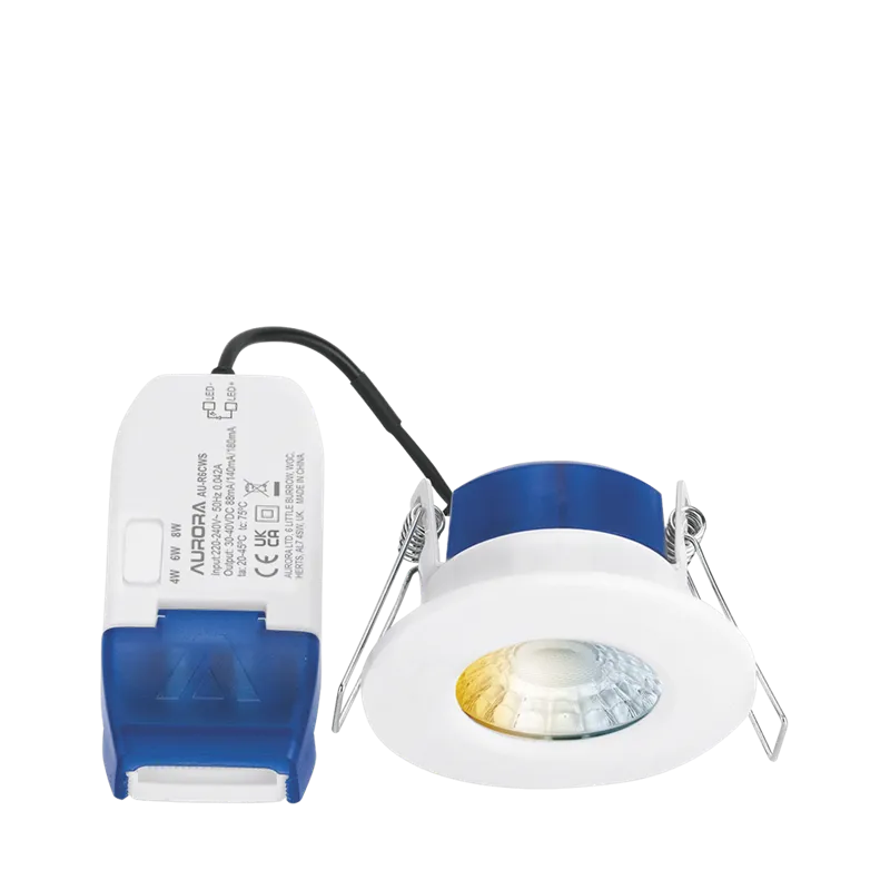 Aurora AU-R6CWS 220-240V 6/8W 680lm IP65 Fixed Dimmable 3 Colour & 2 Wattage Switchable Led Integrated Fire & Acoustic Rated Downlight White Bezel
