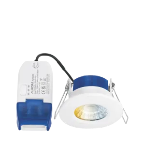 Aurora AU-R6CWS 220-240V 6/8W 680lm IP65 Fixed Dimmable 3 Colour & 2 Wattage Switchable Led Integrated Fire & Acoustic Rated Downlight White Bezel