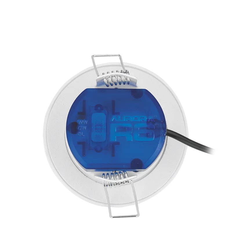 Aurora AU-R6CWSBF 220-240V 6/8W 560lm IP65 Fixed Dimmable 3 Colour & 2 Wattage Switchable Led Integrated Fire & Acoustic Rated Baffle Downlight White Bezel