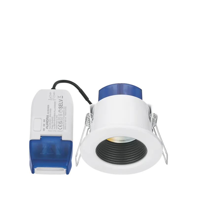 Aurora AU-R6CWSBF 220-240V 6/8W 560lm IP65 Fixed Dimmable 3 Colour & 2 Wattage Switchable Led Integrated Fire & Acoustic Rated Baffle Downlight White Bezel