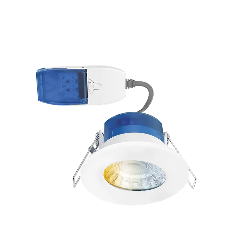 Aurora AU-R6CWSFF 220-240V 6/8W 680lm IP65 Fixed Dimmable 3 Colour & 2 Wattage Switchable Led Integrated Fire & Acoustic Rated Downlight White Bezel Fast Fix