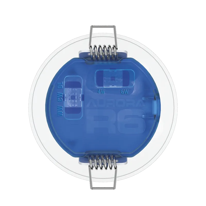 Aurora AU-R6CWSFF 220-240V 6/8W 680lm IP65 Fixed Dimmable 3 Colour & 2 Wattage Switchable Led Integrated Fire & Acoustic Rated Downlight White Bezel Fast Fix