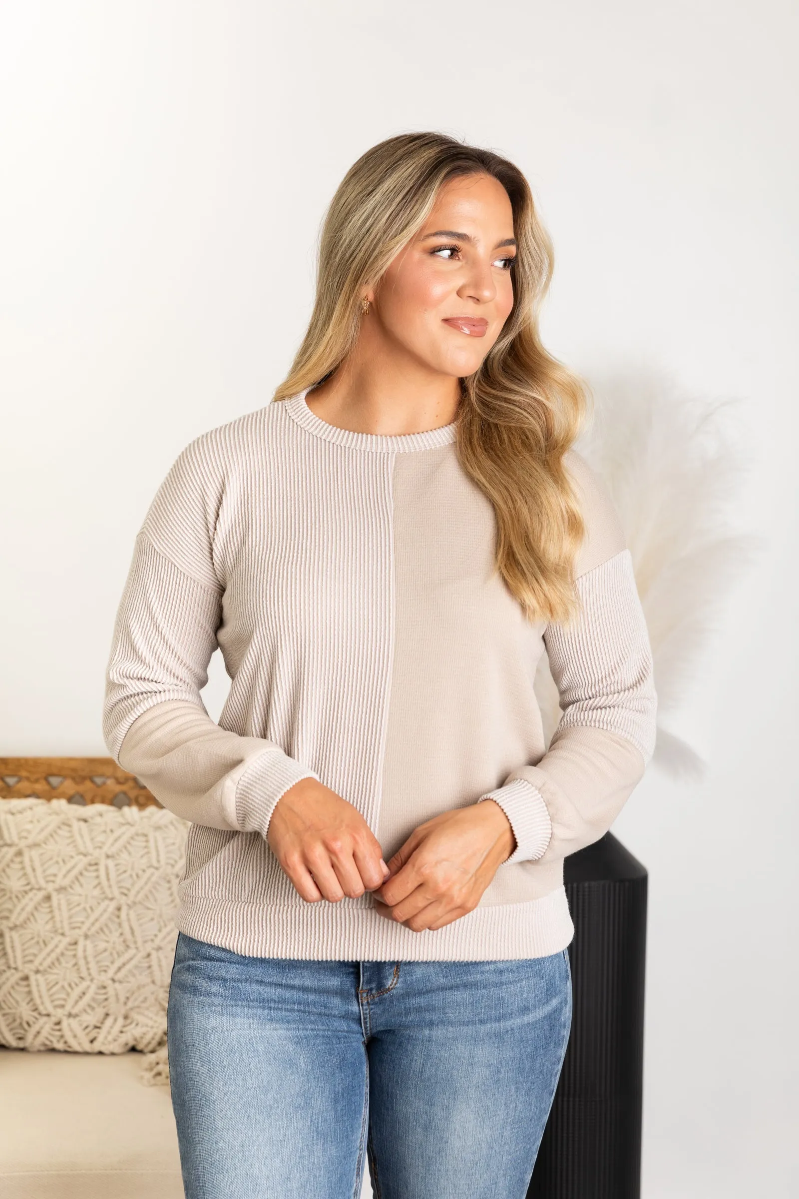 Beige Colorblock Long Sleeve Knit Top