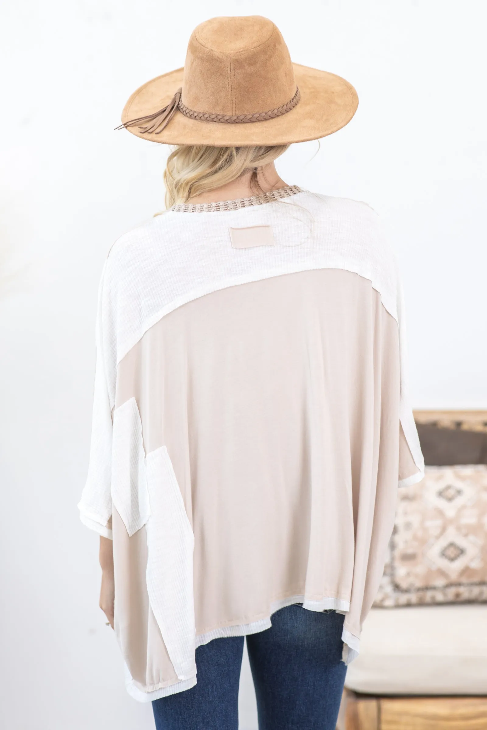 Beige Colorblock Waffle Knit Top