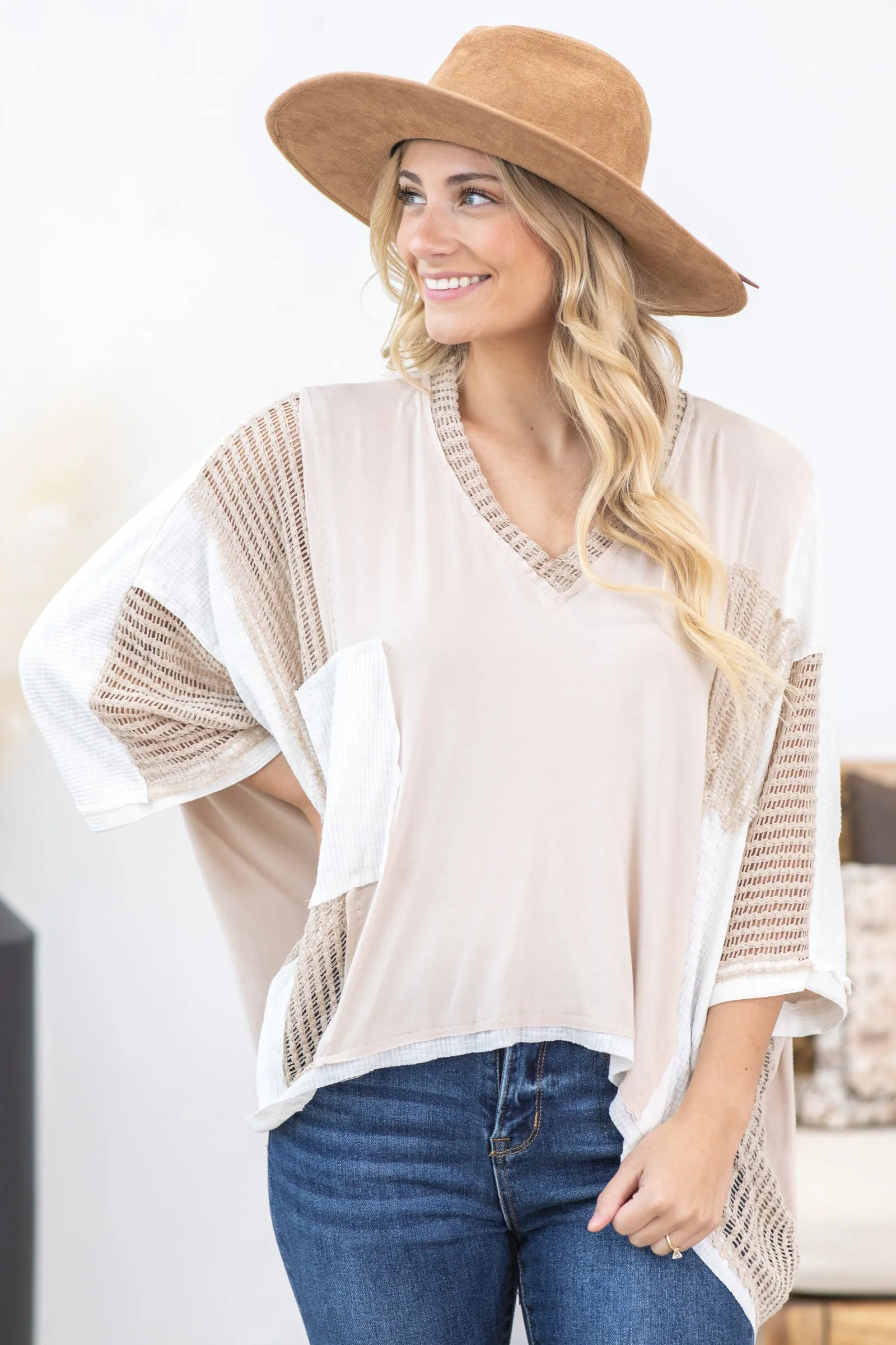 Beige Colorblock Waffle Knit Top