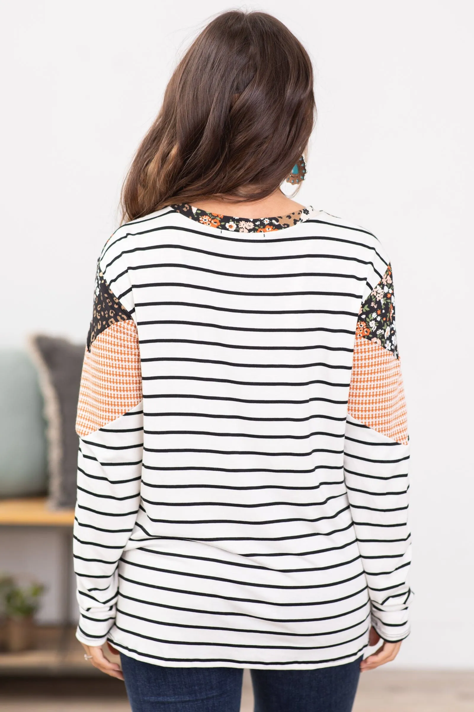 Black and Off White Stripe Colorblock Top