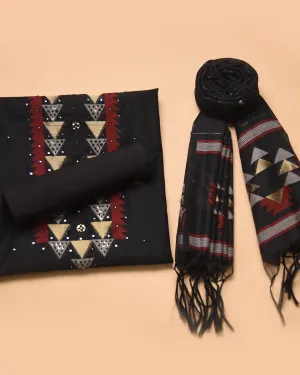 Black Chanderi Woven With Embroidery Unstitched Suit Fabric Set With Chanderi Woven Dupatta