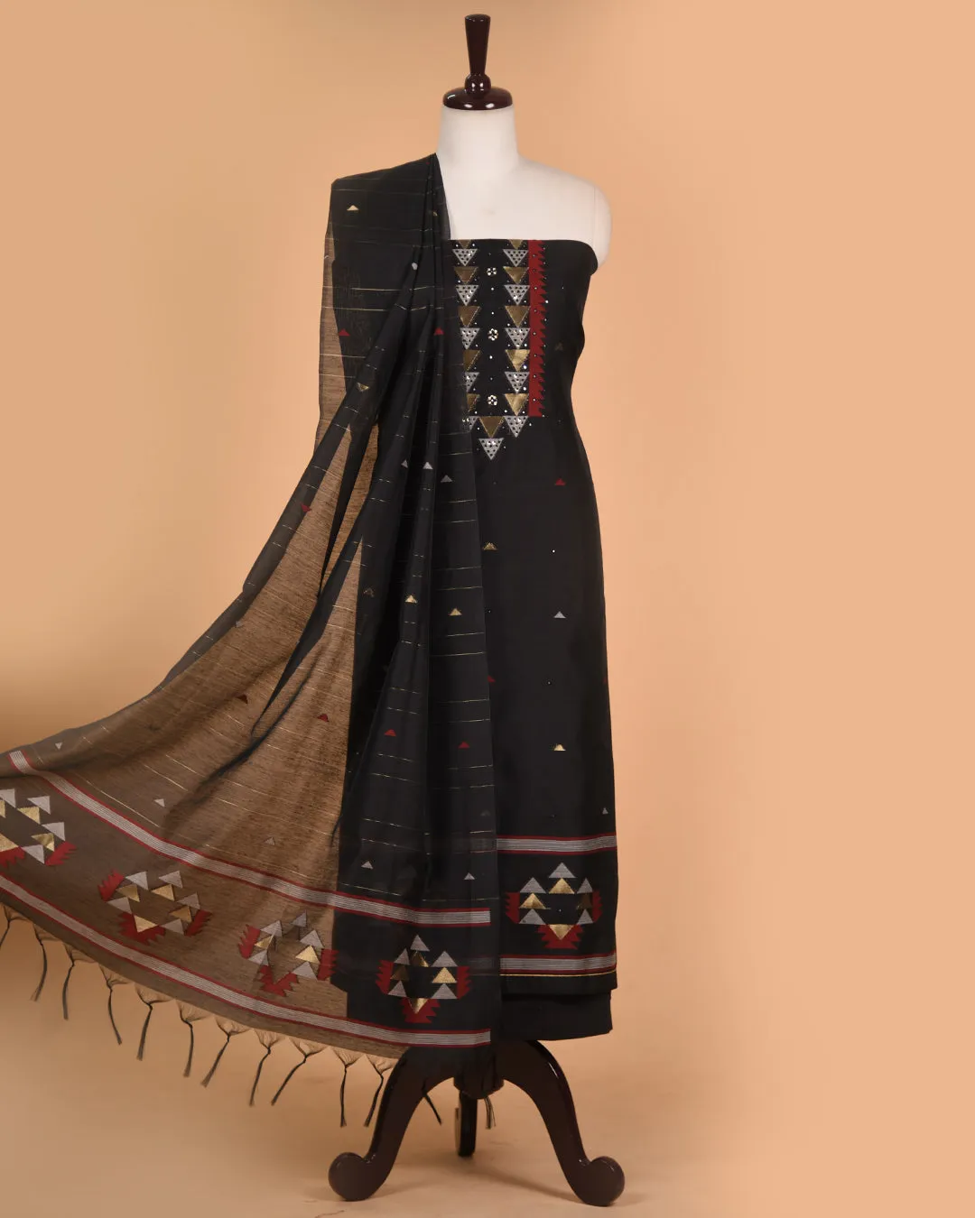 Black Chanderi Woven With Embroidery Unstitched Suit Fabric Set With Chanderi Woven Dupatta