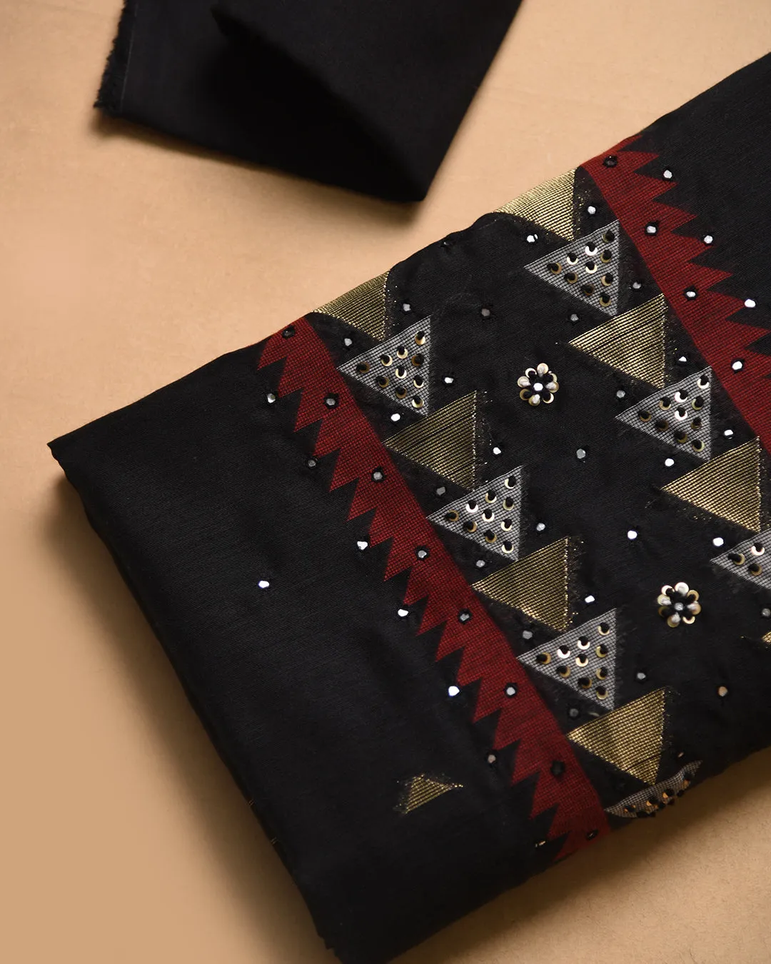 Black Chanderi Woven With Embroidery Unstitched Suit Fabric Set With Chanderi Woven Dupatta