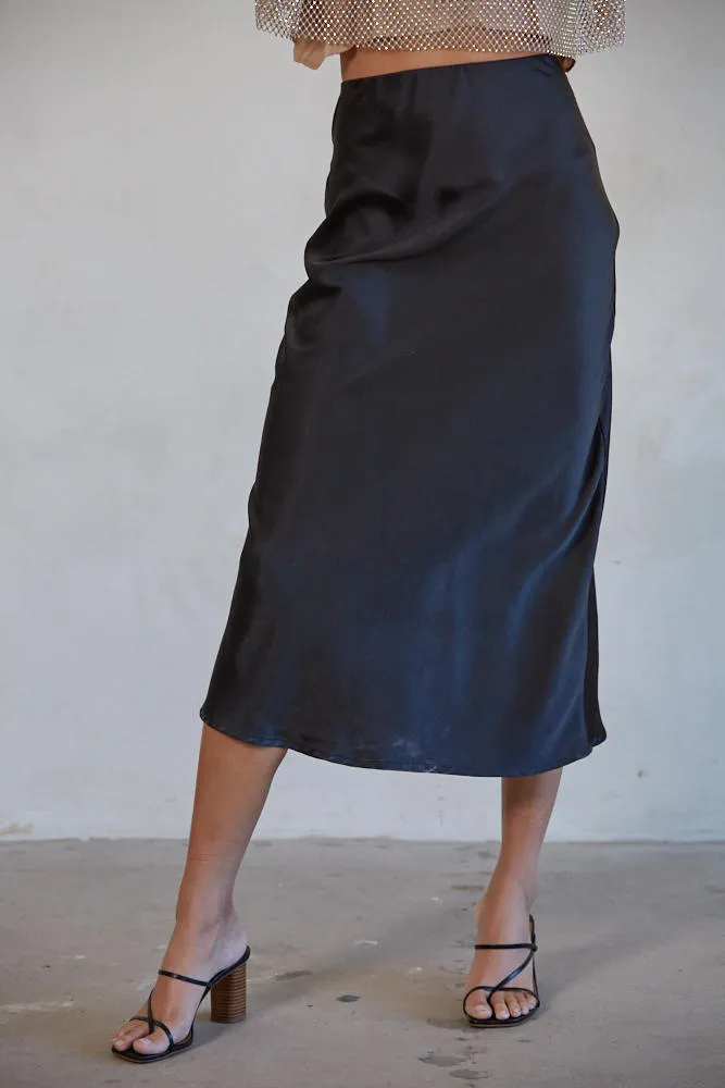 Black Satin Midi Skirt