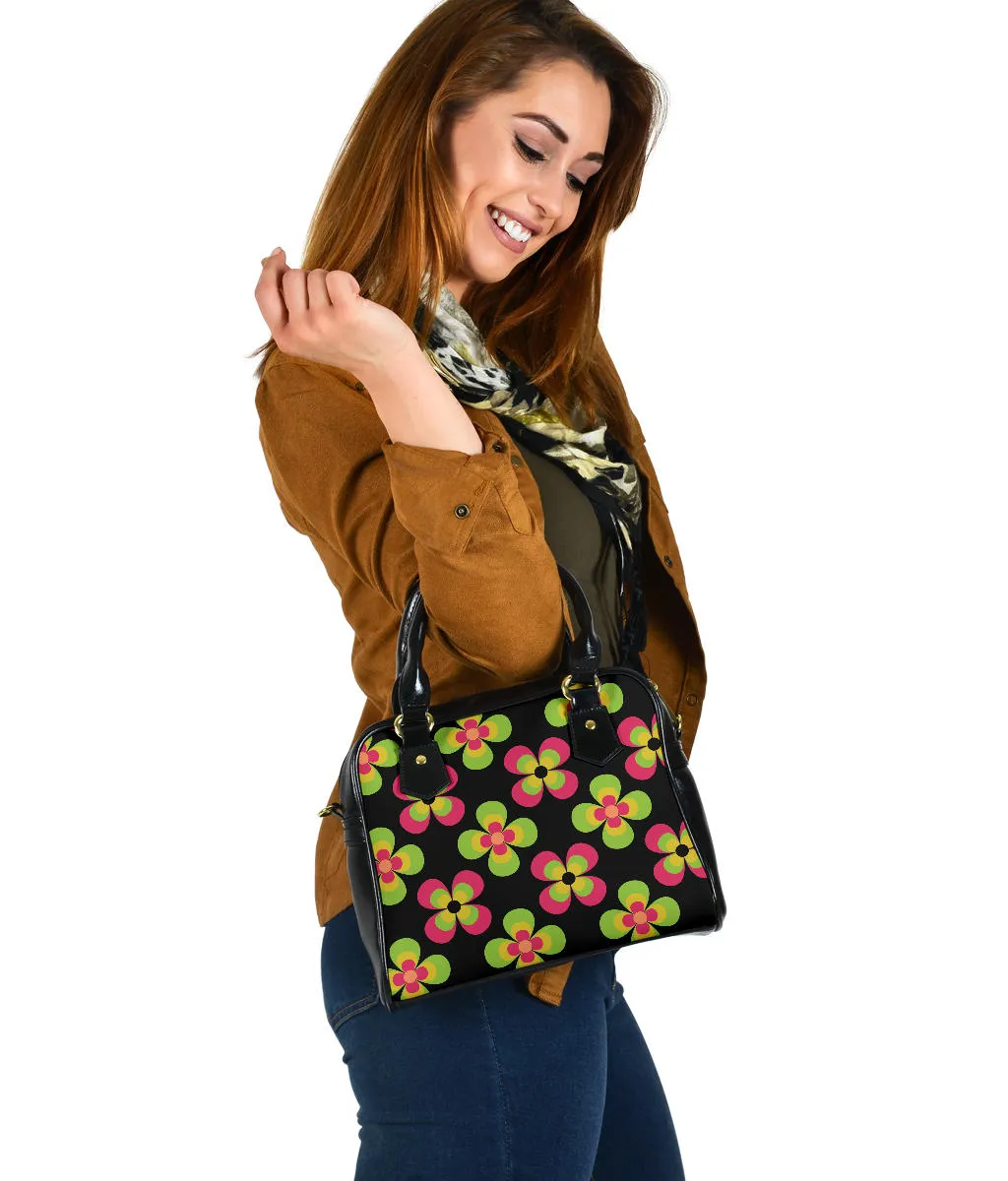 Black With Retro Flower Pattern Handbag Purse