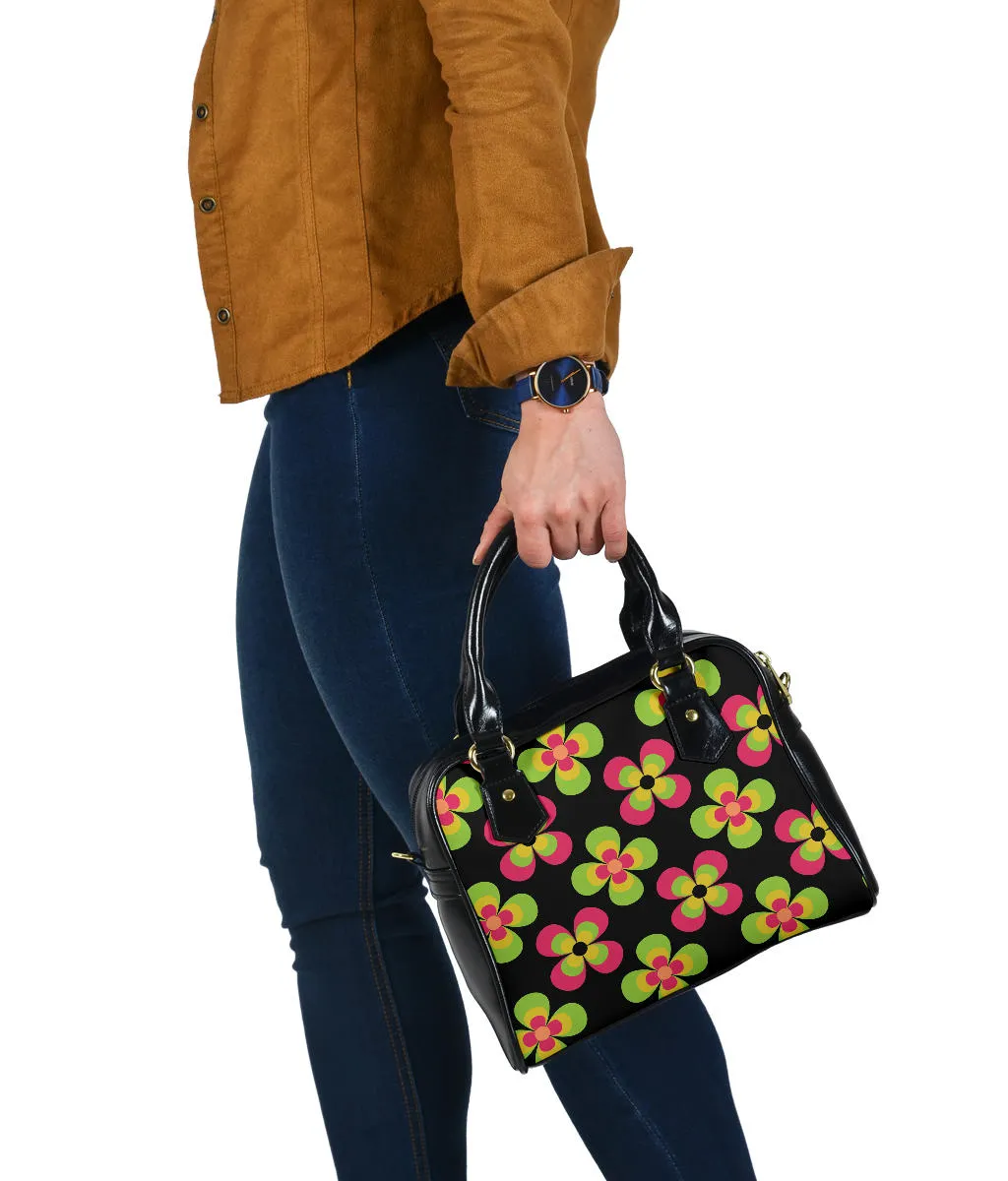 Black With Retro Flower Pattern Handbag Purse