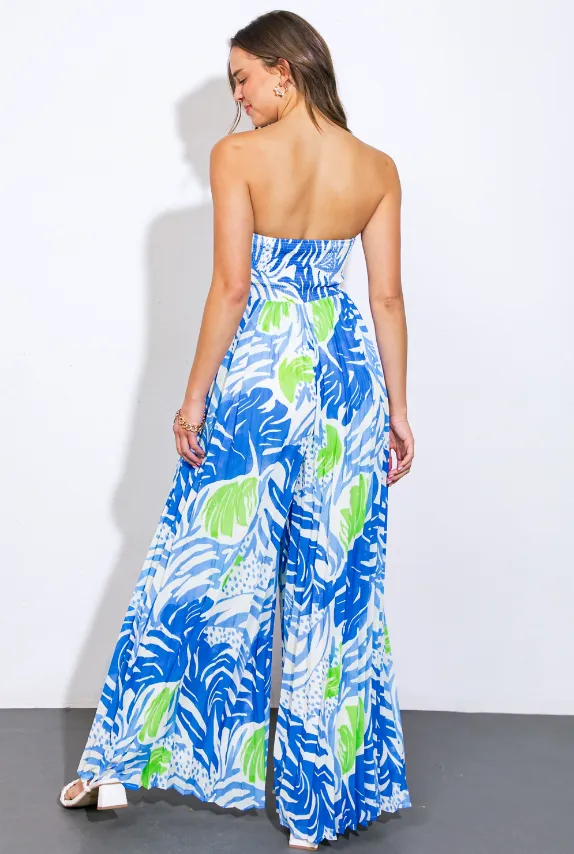 Blue Tropical Pleated Jumpsuit