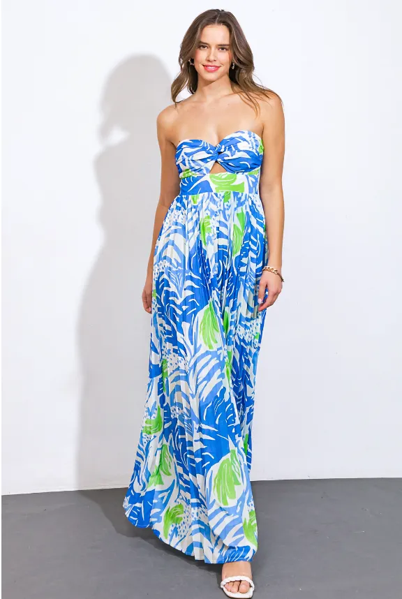 Blue Tropical Pleated Jumpsuit