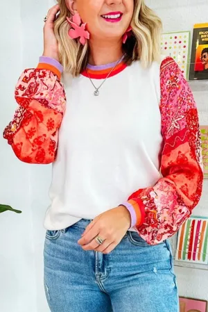 Bright White Floral Sleeve Colorblock Trim Sweater