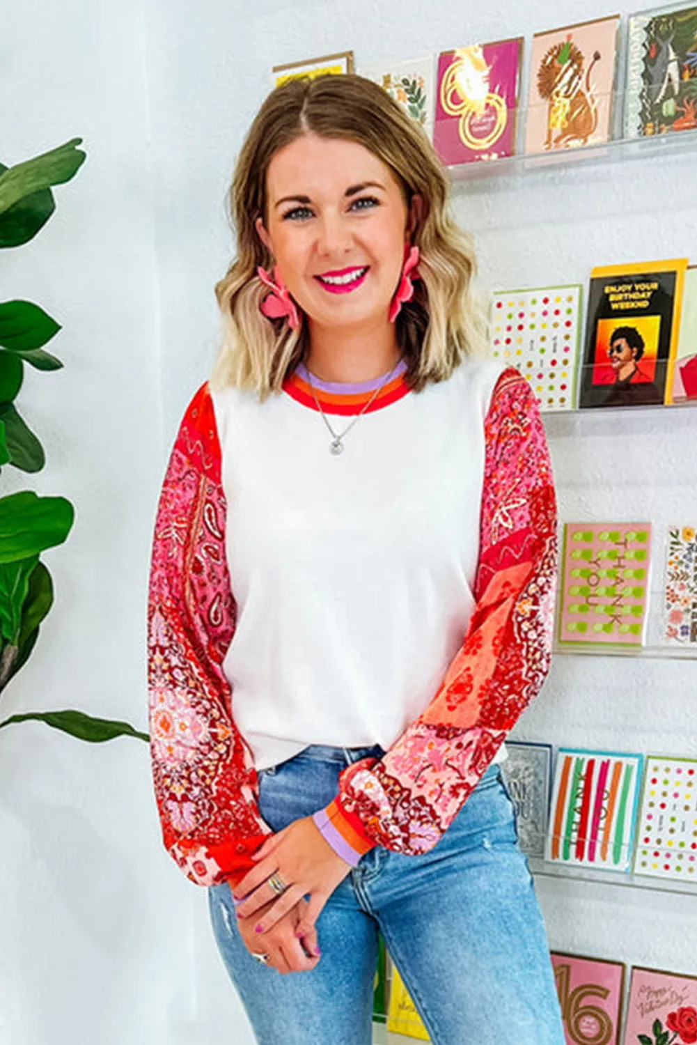 Bright White Floral Sleeve Colorblock Trim Sweater