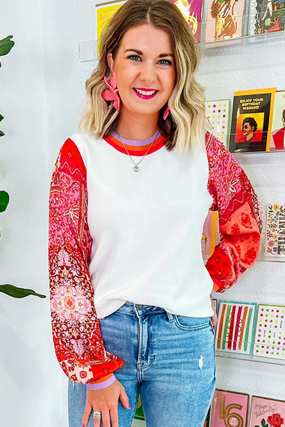 Bright White Floral Sleeve Colorblock Trim Sweater