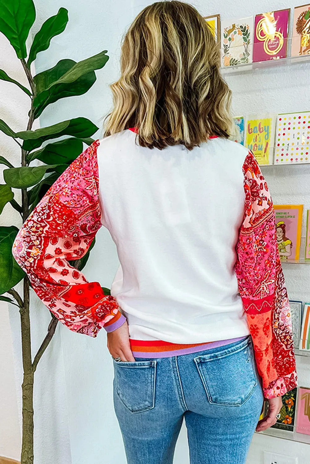 Bright White Floral Sleeve Colorblock Trim Sweater