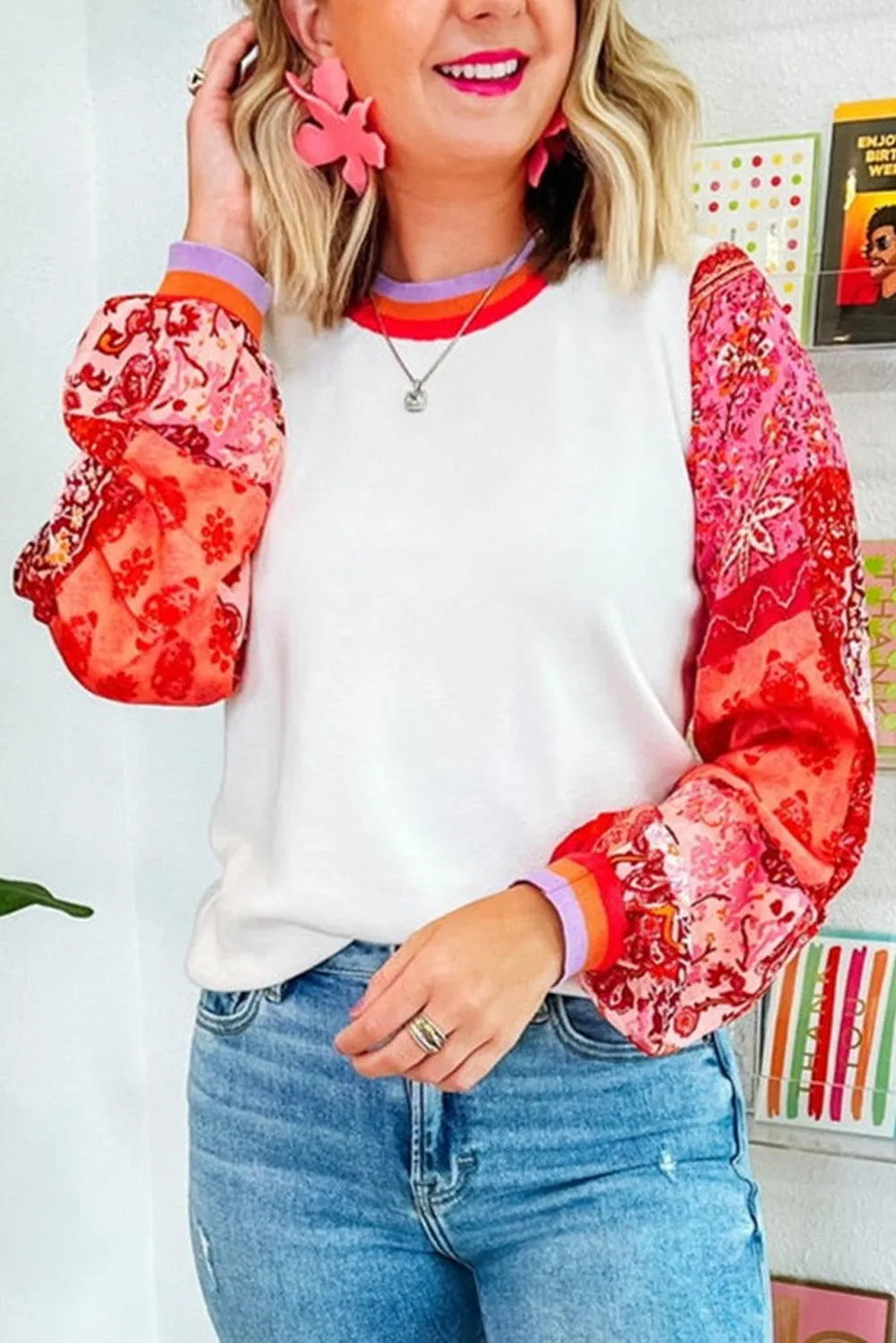 Bright White Floral Sleeve Colorblock Trim Sweater