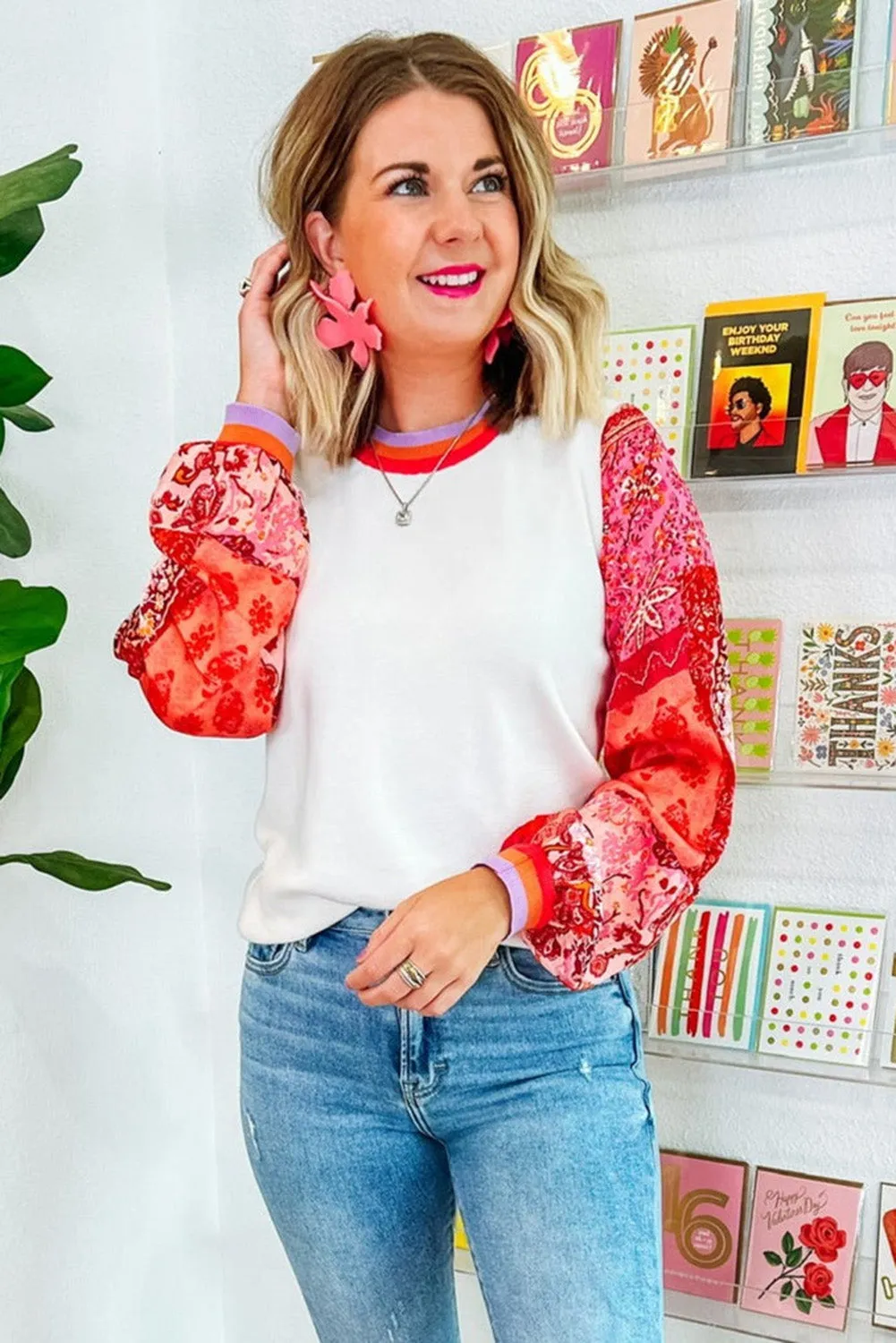 Bright White Floral Sleeve Colorblock Trim Sweater