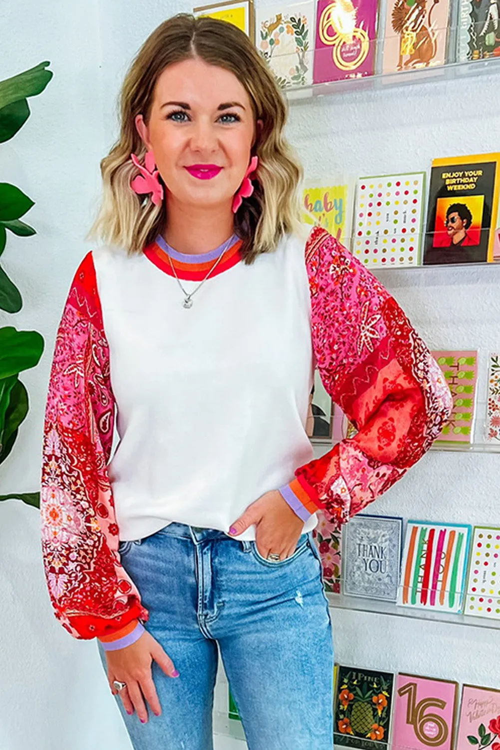 Bright White Floral Sleeve Colorblock Trim Sweater