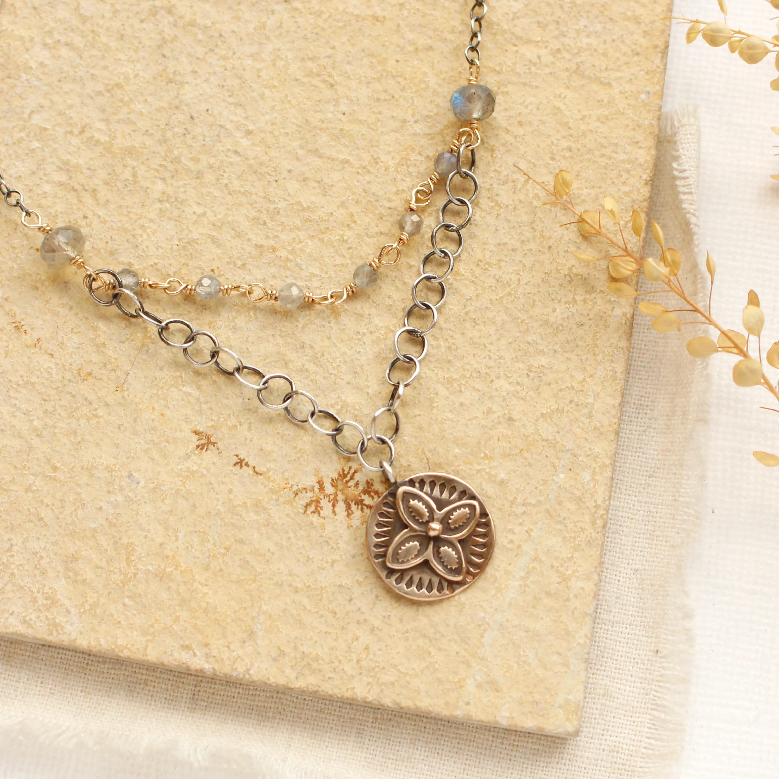 Bronze Wanderer Coin Layered Labradorite Necklace