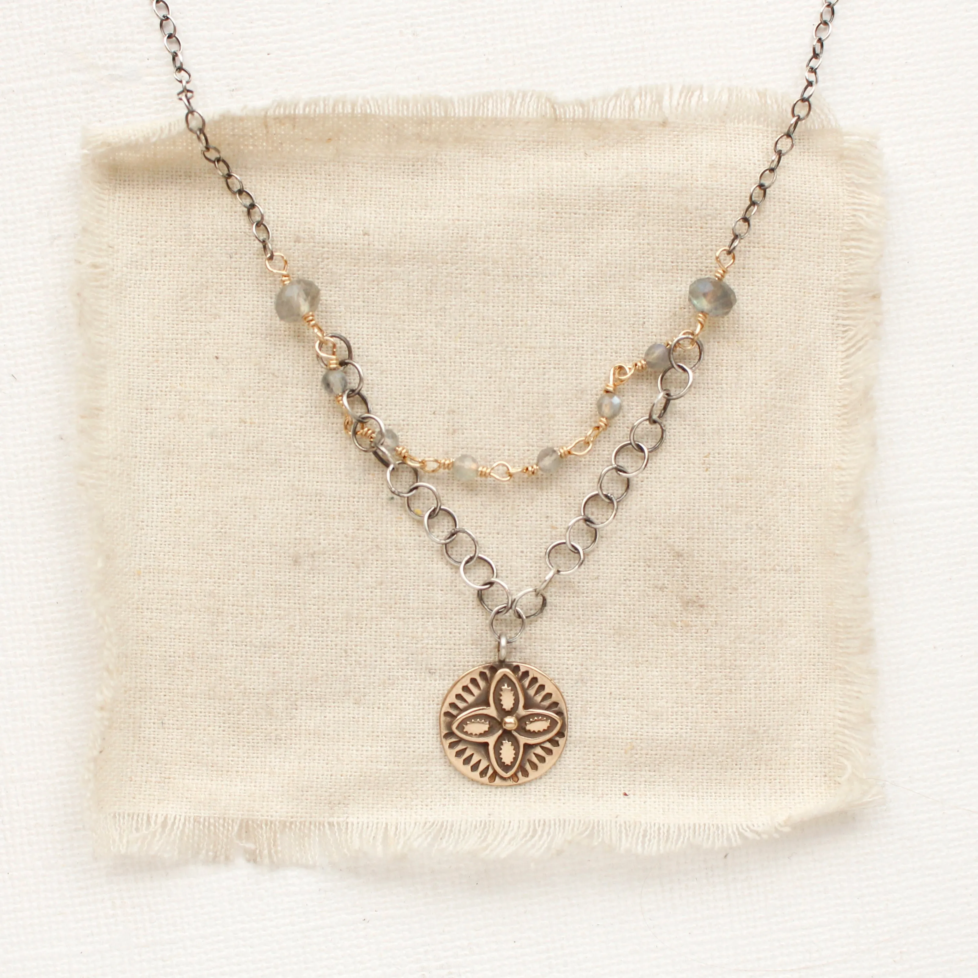 Bronze Wanderer Coin Layered Labradorite Necklace